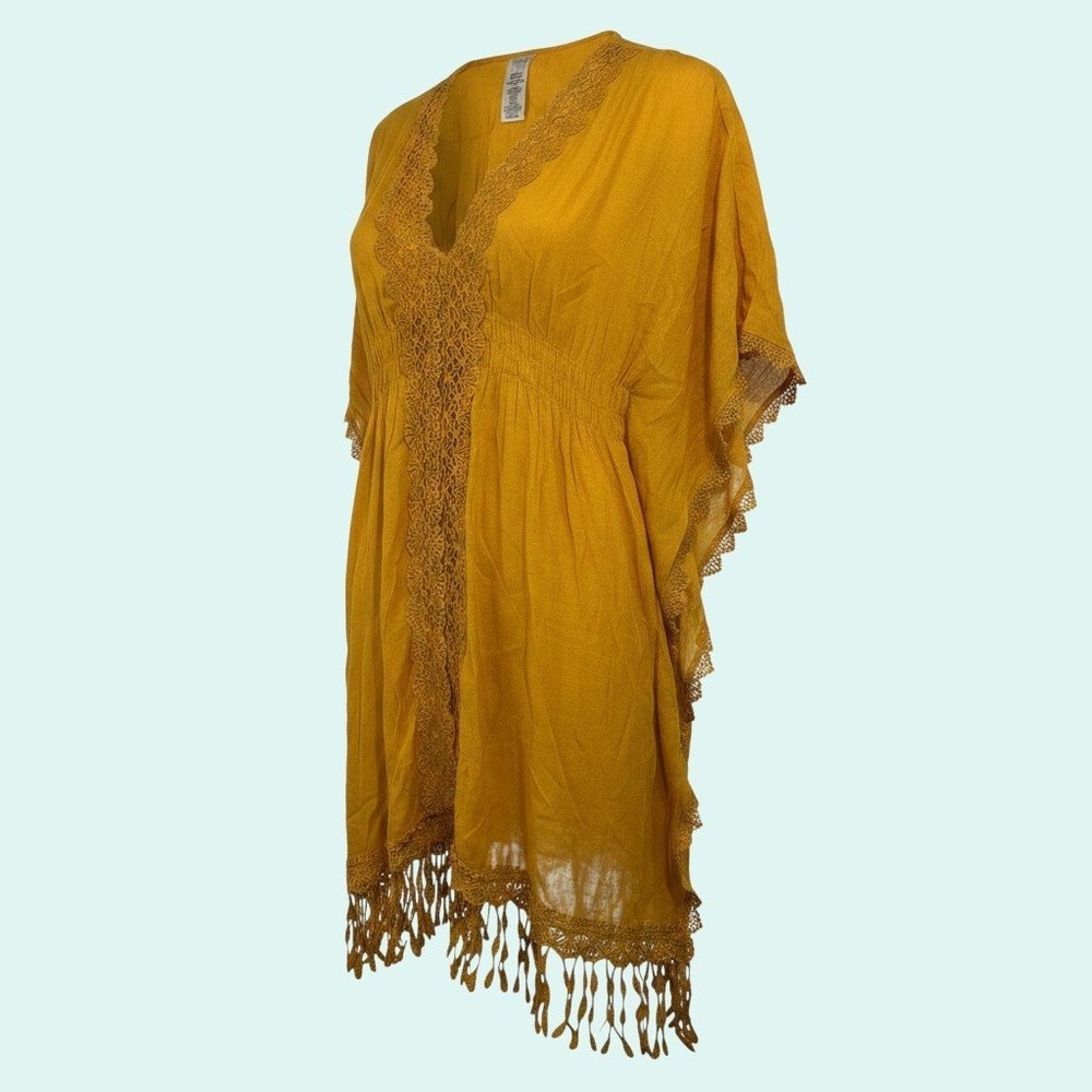 TIME AND TRU Women's Kaftan Top Mustard Yellow One Size Lace Fringe Smocked